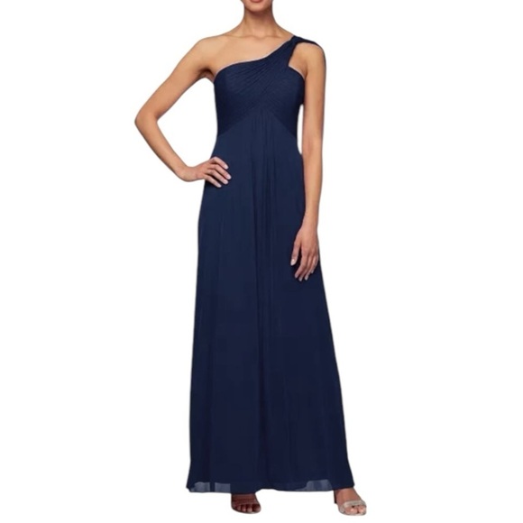 Alex Evenings Dresses & Skirts - Alex Evening Chiffon One-Shoulder Bodice Wedding Formal Dress Dark Navy Blue